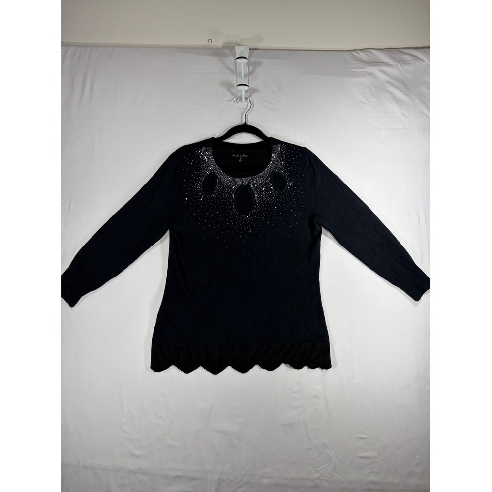 Alison Andrews Sweater Women S Black Excellent Rhinestone Cutout Scallop Hem